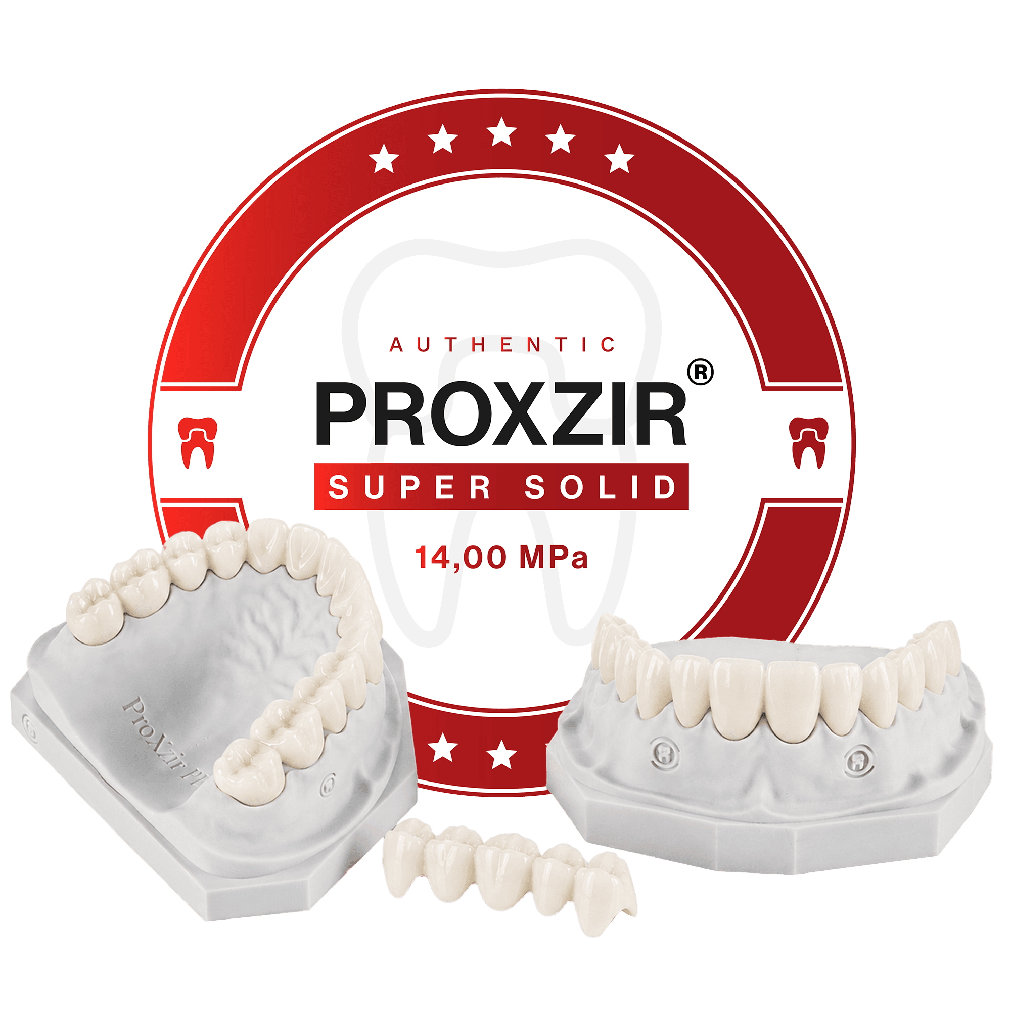Proxzir Zirconia Super Solid monolithic zirconia crowns and a bridge on stone arch models