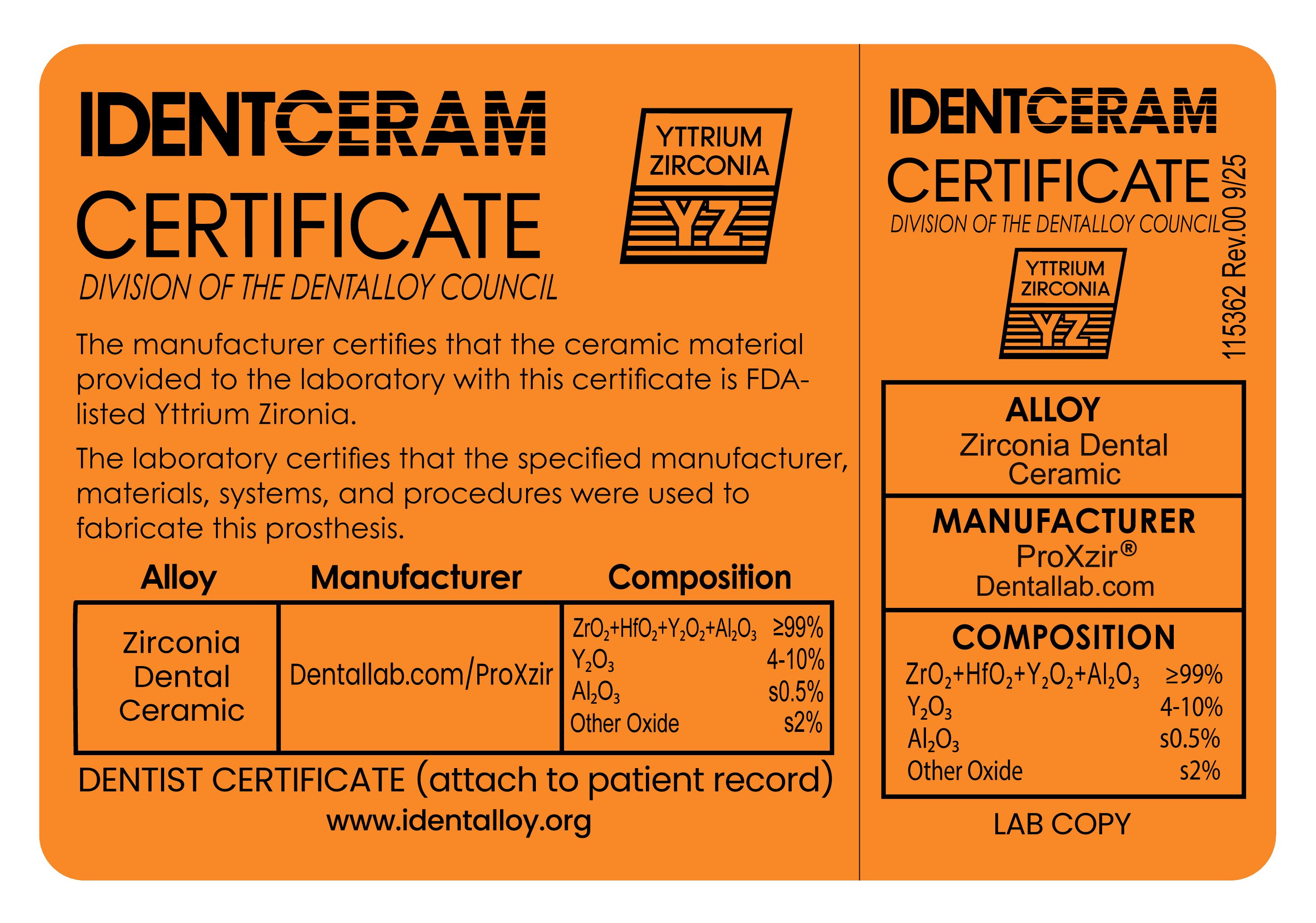 IdentCeram certificate from the Dentalloy Council for ProXzir by Dentallab.com, identifying the material as FDA-listed yttrium zirconia dental ceramic and listing its composition